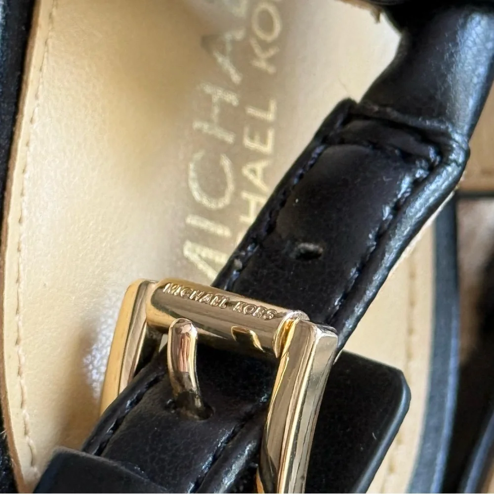 Michael Kors Annie Black Leather Espadrille Wedge Sandals size 7 Women